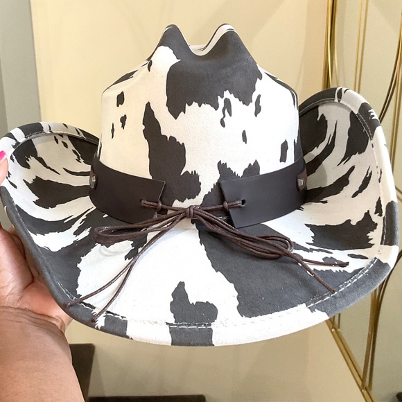 COW PRINT WESTERN LONG HORN STRAP COWBOY HAT - Picture 8 of 15